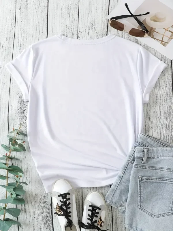 Plus Size Casual T-shirt Women's Plus Heart & Sunflower & Letter Print Short Sleeve Round Neck Slight Stretch T-shirt - Image 3