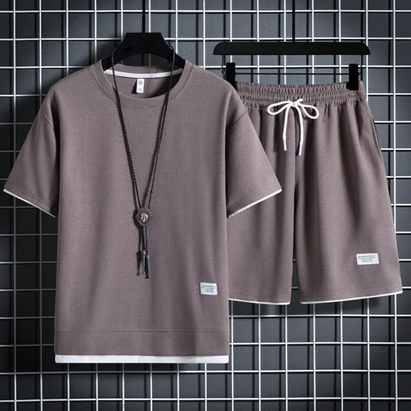 2024 Men's Casual T-shirt and Shorts suit, monochrome top, baggy tracksuit, Waffle suit, Size 3XL, Summer - Image 4