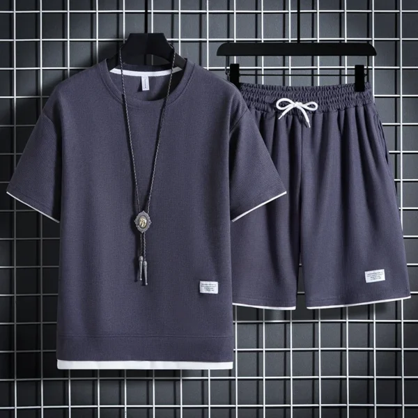 2024 Men's Casual T-shirt and Shorts suit, monochrome top, baggy tracksuit, Waffle suit, Size 3XL, Summer - Image 3