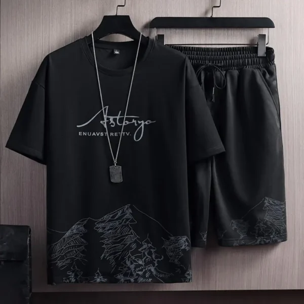 2Pcs/Set Casual Outfit Fashion Thin Sportswear Suit Mountain Print Loose T-shirt Loose Shorts Sport Suit Streetwear - Image 2