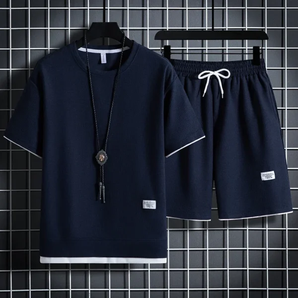 2024 Men's Casual T-shirt and Shorts suit, monochrome top, baggy tracksuit, Waffle suit, Size 3XL, Summer - Image 5