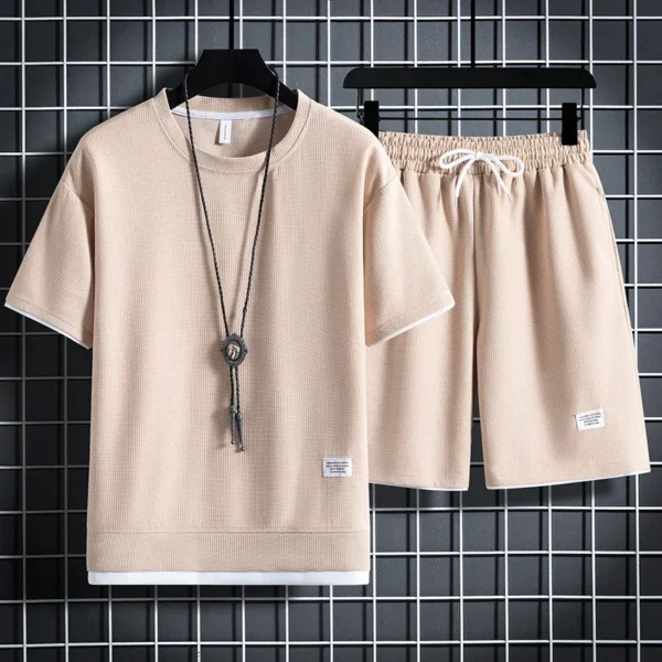 2024 Men's Casual T-shirt and Shorts suit, monochrome top, baggy tracksuit, Waffle suit, Size 3XL, Summer