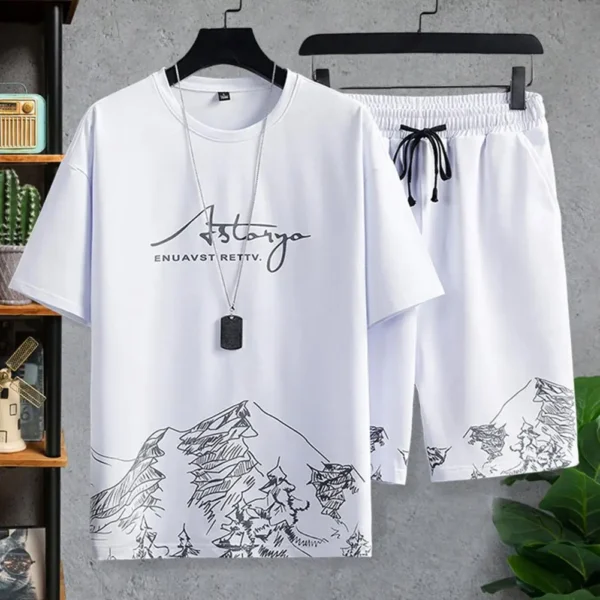 2Pcs/Set Casual Outfit Fashion Thin Sportswear Suit Mountain Print Loose T-shirt Loose Shorts Sport Suit Streetwear - Image 3