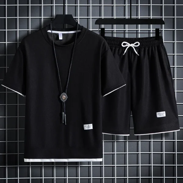 2024 Men's Casual T-shirt and Shorts suit, monochrome top, baggy tracksuit, Waffle suit, Size 3XL, Summer - Image 2