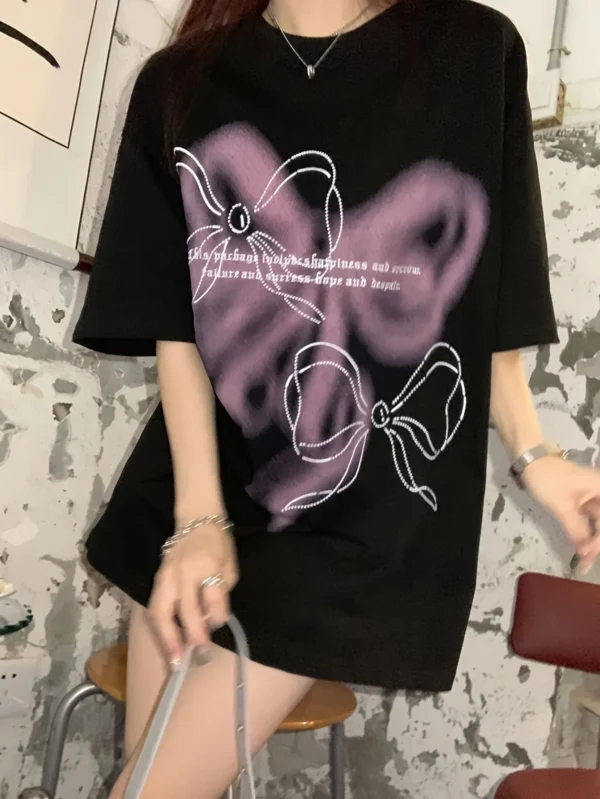 Bow Print T shirt Casual Short Sleeve Crew Female Cute Funny Top Tees Summer Women's Fashion Vintage Loose Plus Sized T-shirt - Image 2