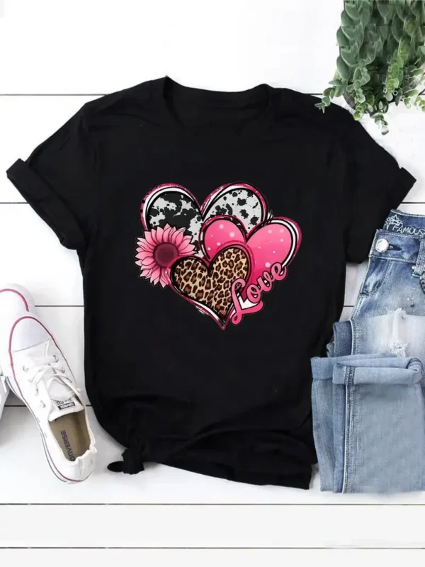 Plus Size Casual T-shirt Women's Plus Heart & Sunflower & Letter Print Short Sleeve Round Neck Slight Stretch T-shirt - Image 4