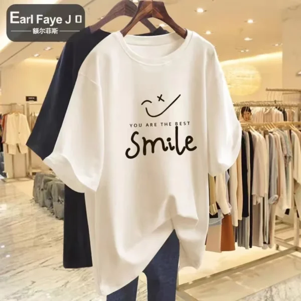 2023 Summer Plus Size Cotton T-Shirt Ladies Soft O-Neck Letter Print T-Shirt Oversized Short Sleeve T-Shirt Free Shipping - Image 4