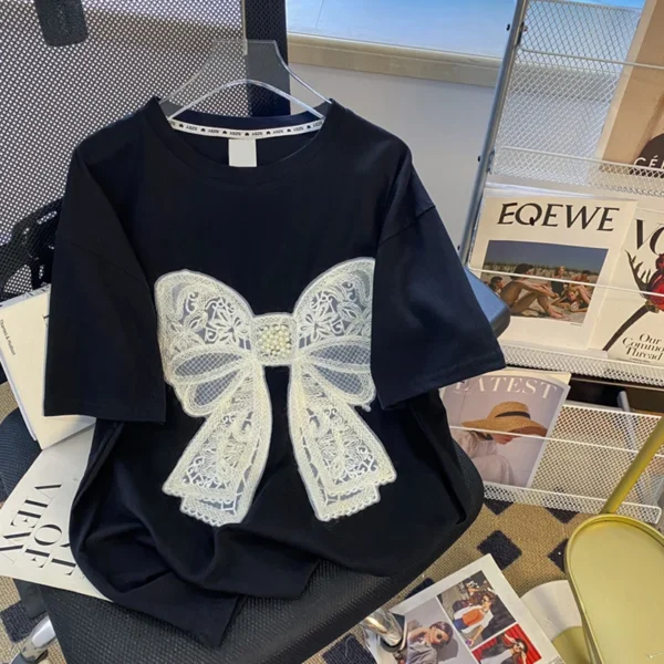 Bow Embroidery Beading Plus Size Cotton T-shirt Harajuku Aesthetic Arts Y2k Female Tops 2024 New Summer Streetwear Lady Tees