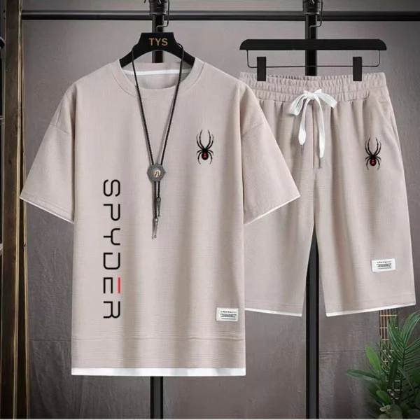 2024 Men's Waffle Suit, short-sleeved T-shirt and athletic shorts, casual wear, Running suit, two-piece suit, Summer - Image 2