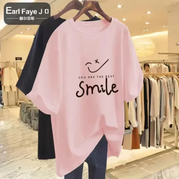 2023 Summer Plus Size Cotton T-Shirt Ladies Soft O-Neck Letter Print T-Shirt Oversized Short Sleeve T-Shirt Free Shipping - Image 3