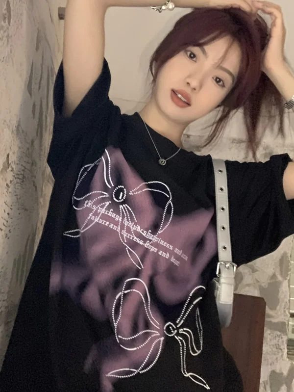 Bow Print T shirt Casual Short Sleeve Crew Female Cute Funny Top Tees Summer Women's Fashion Vintage Loose Plus Sized T-shirt