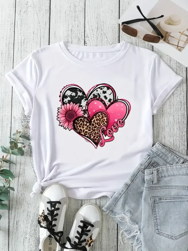 Plus Size Casual T-shirt Women's Plus Heart & Sunflower & Letter Print Short Sleeve Round Neck Slight Stretch T-shirt - Image 2