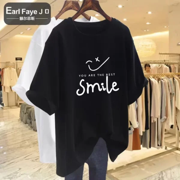 2023 Summer Plus Size Cotton T-Shirt Ladies Soft O-Neck Letter Print T-Shirt Oversized Short Sleeve T-Shirt Free Shipping - Image 2